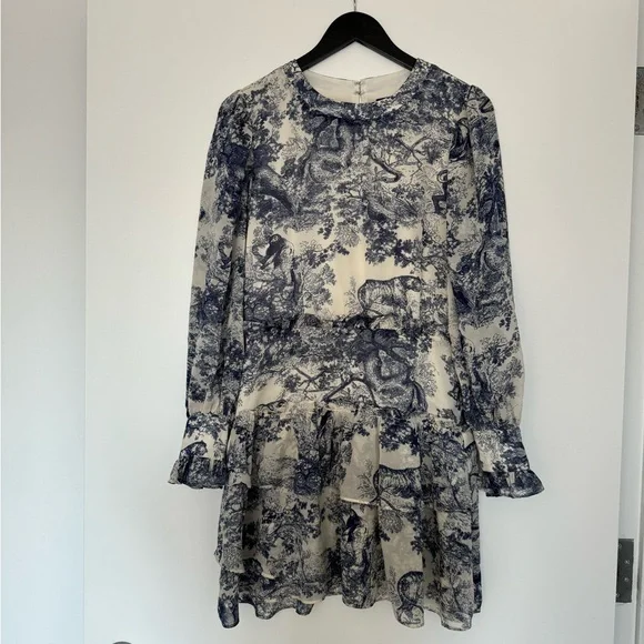 Bloomingdale’s Aqua Toile Print Ruffled Long Sleeve Dress - Picture 2 of 5